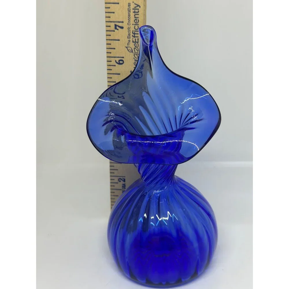 VTG‎ MCM Sapphire Jack-in-the-Pulpit Hand Blown Ribbed Glass Vase 7